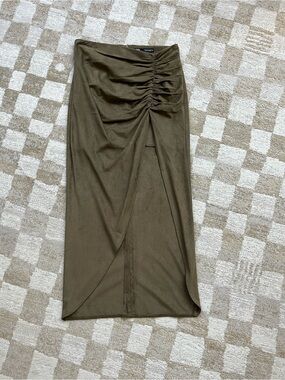 Zara Olive Ruched Wrap-Style Midi Skirt